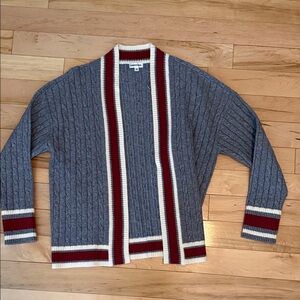Women’s Gray Cable-Knit Cardigan with Contrast Trim